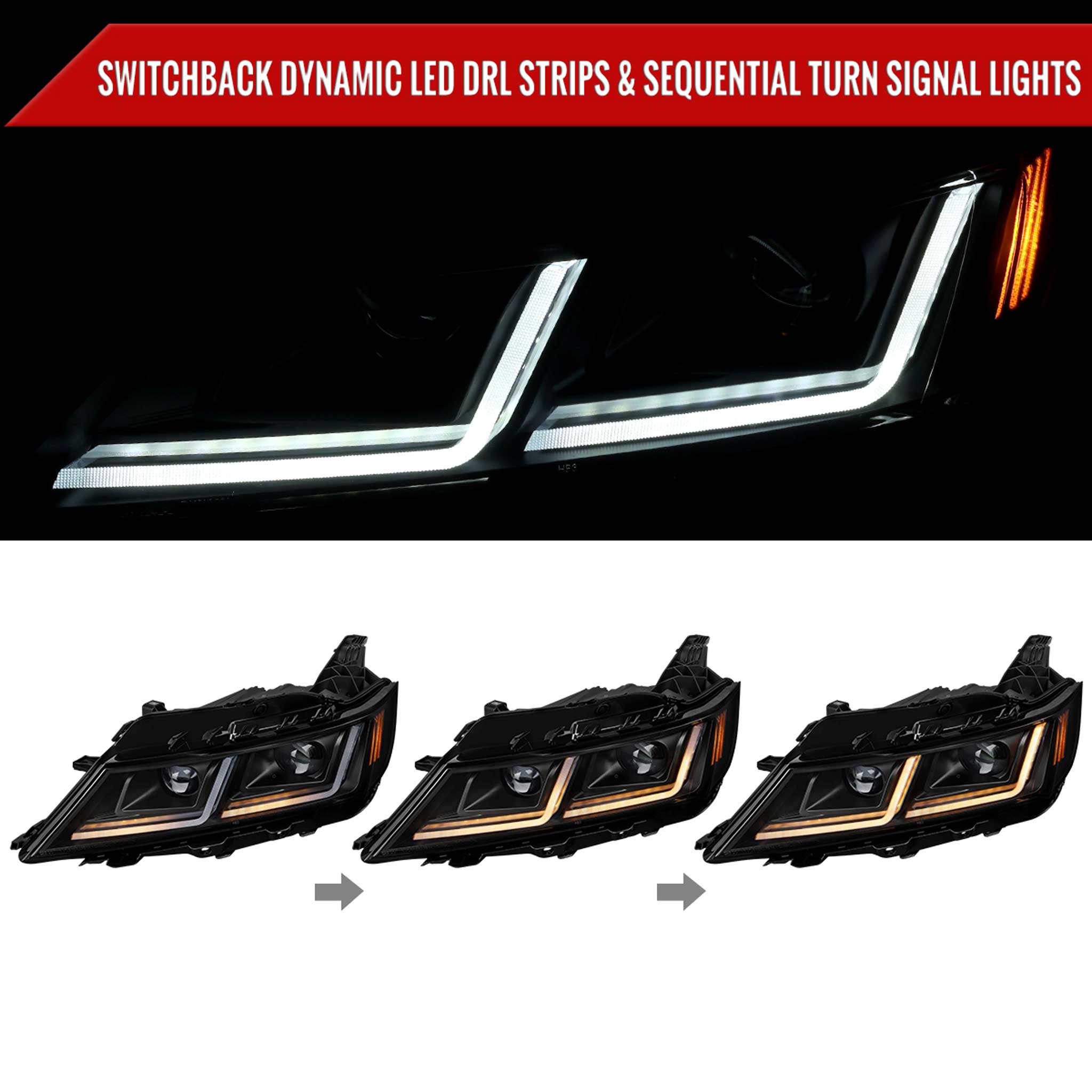 For Chevrolet Impala 2014-2020 LED DRL Sequential Projector Headlights Matte Black Housing Clear Lens