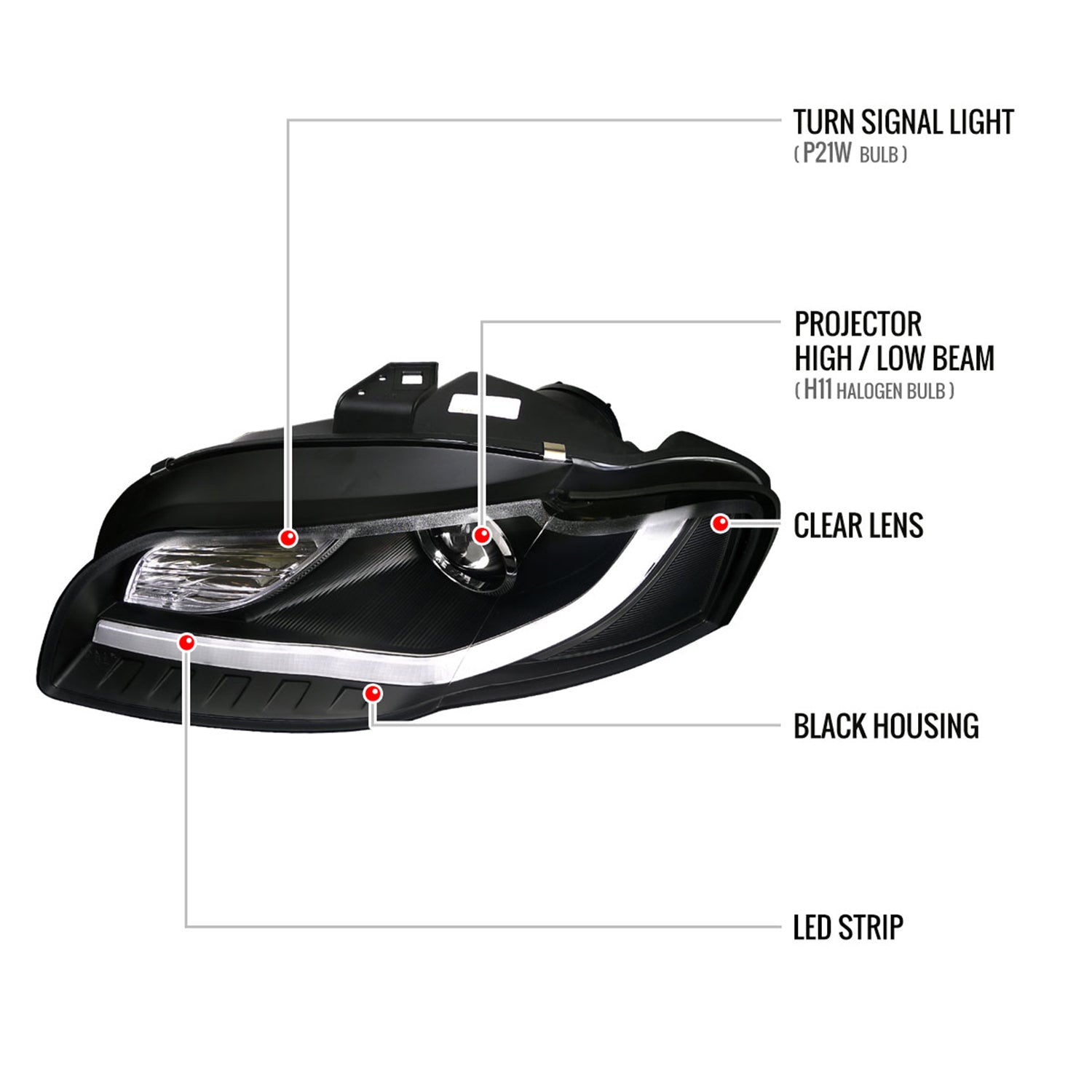 2006-2008 Audi A4 R8 Style LED Light Bar Projector Headlights Matt Black/Clear