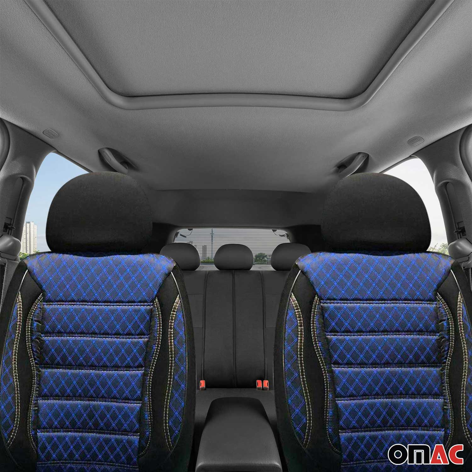 OMAC Universal Semi Custom Front Car Seat Cover Protector Blue-Black Polycotton