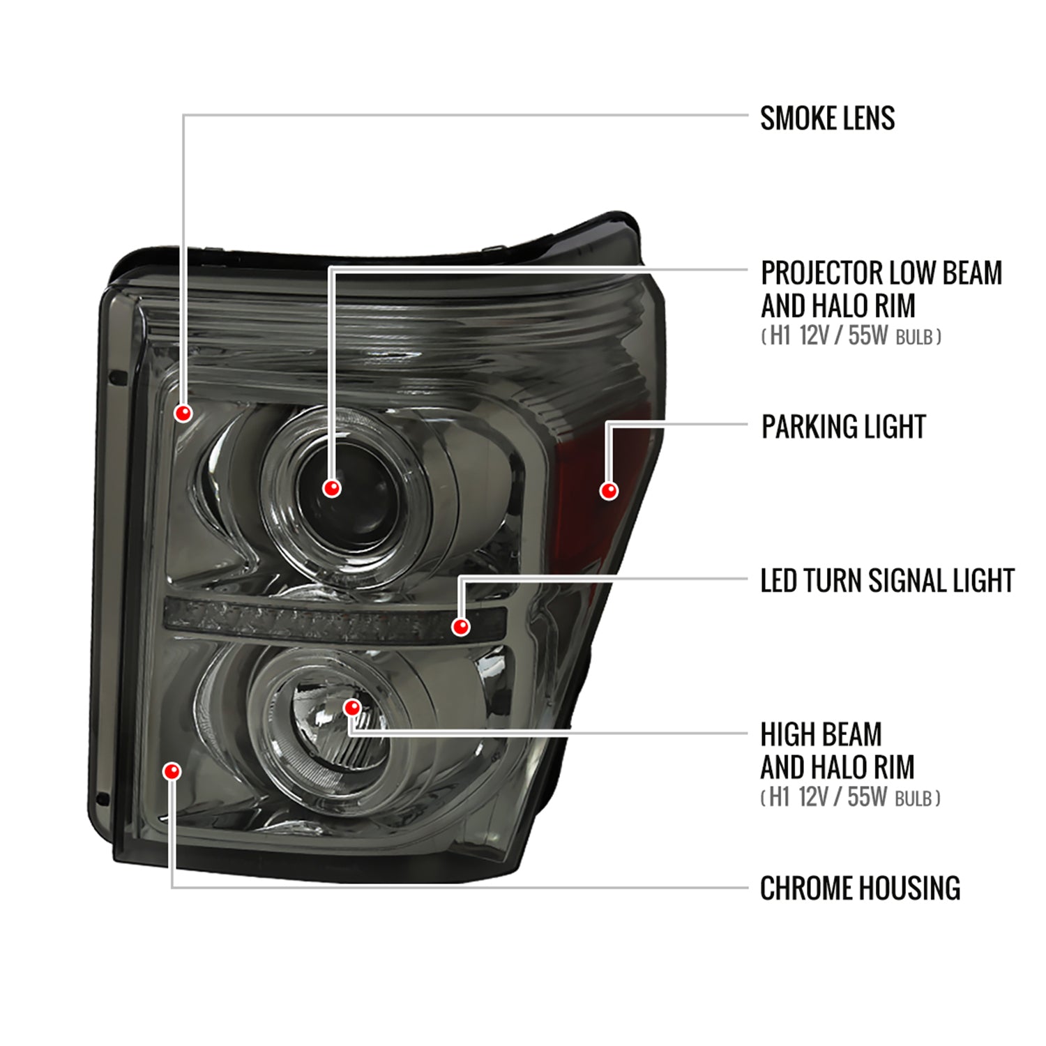 2011-2016 F-250 F-350 F-450 F-550 Dual Halo Headlights LED Signal Smoke