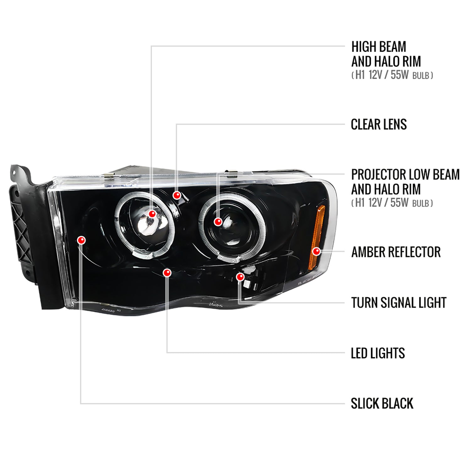 2002-2005 Dodge RAM 1500/ RAM 2500 3500 Dual Halo Headlights Jet Black