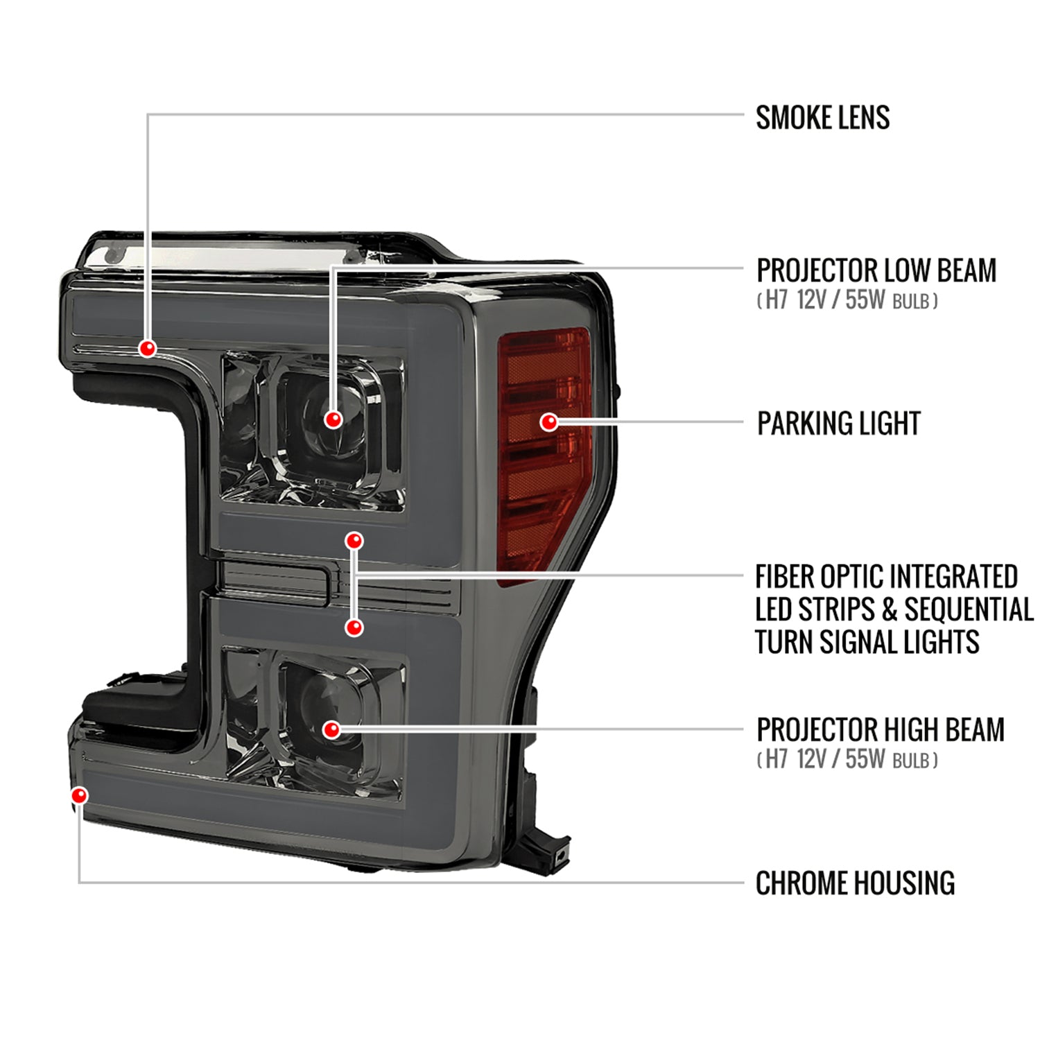 2017-2019 Ford F-250 F-350 F-450 F-550 LED C-Bar Headlights Signal Smoke