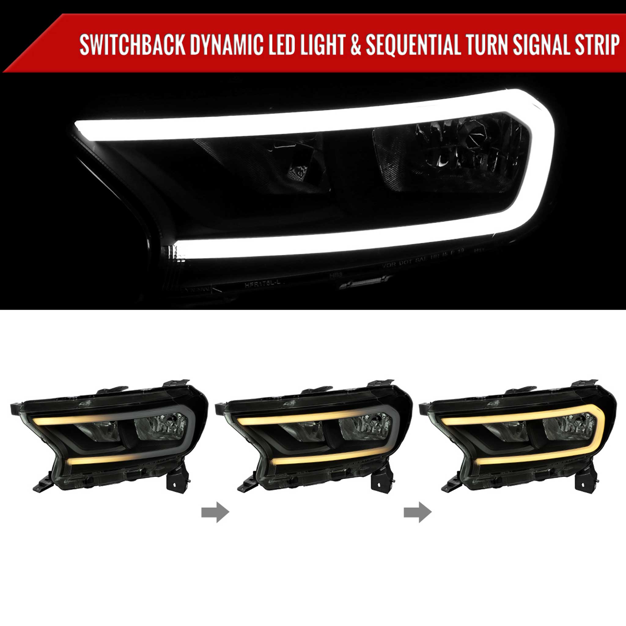 For Ford Ranger XL XLT 2019-2023 Factory Style Headlights LED Bar Turn Signal Glossy Black Housing Smoked Lens