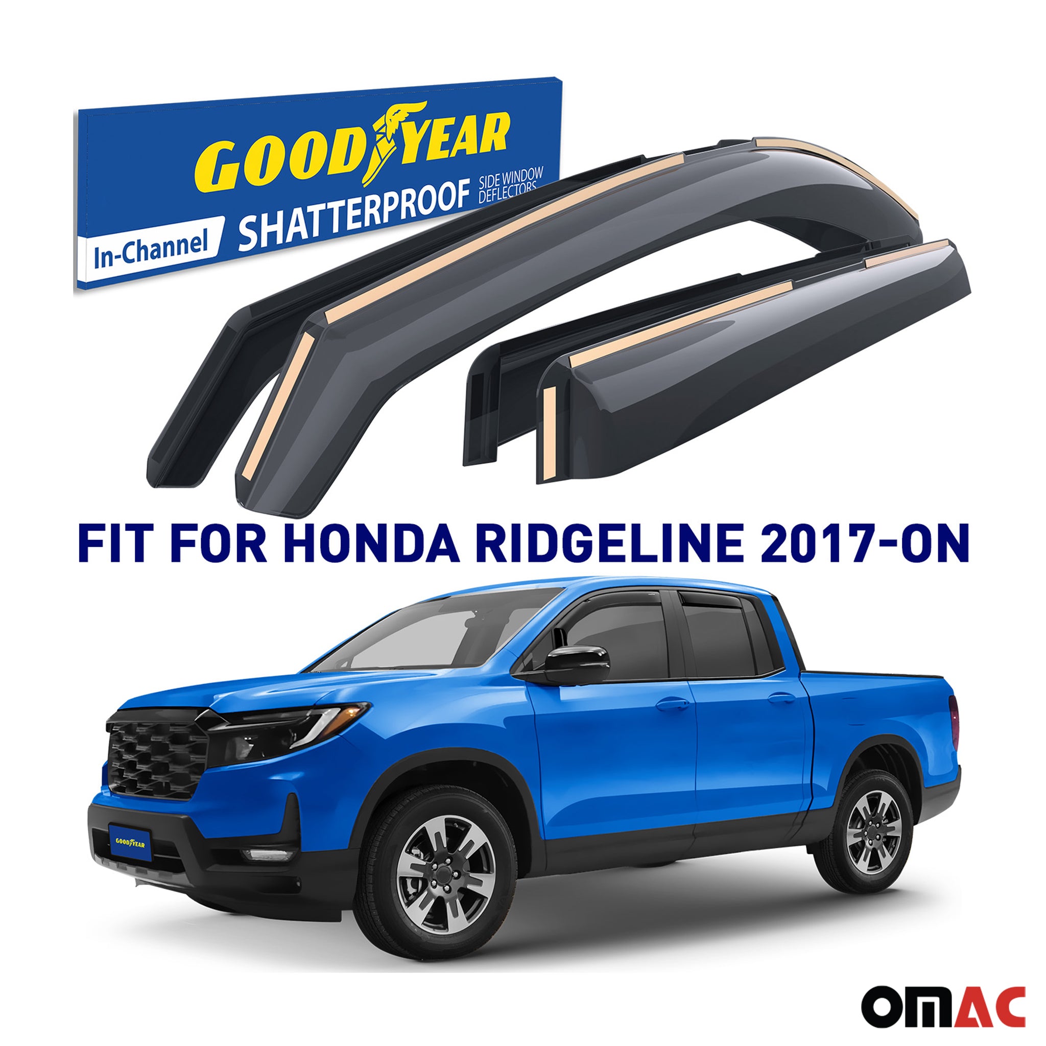 Goodyear Wind Deflectors for Honda Ridgeline 2017-2025 In-channel Smoke 4 pcs