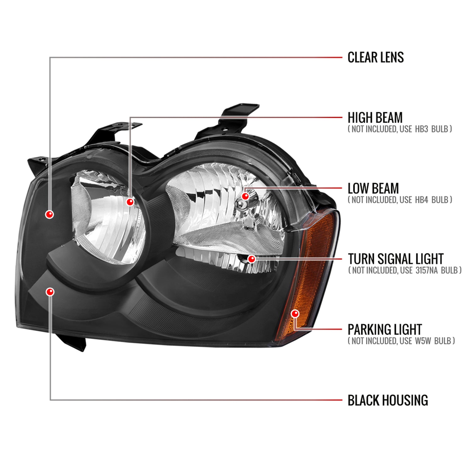 2005-2007 Jeep Grand Cherokee Factory Style Headlights Matte Black/Clear Lens