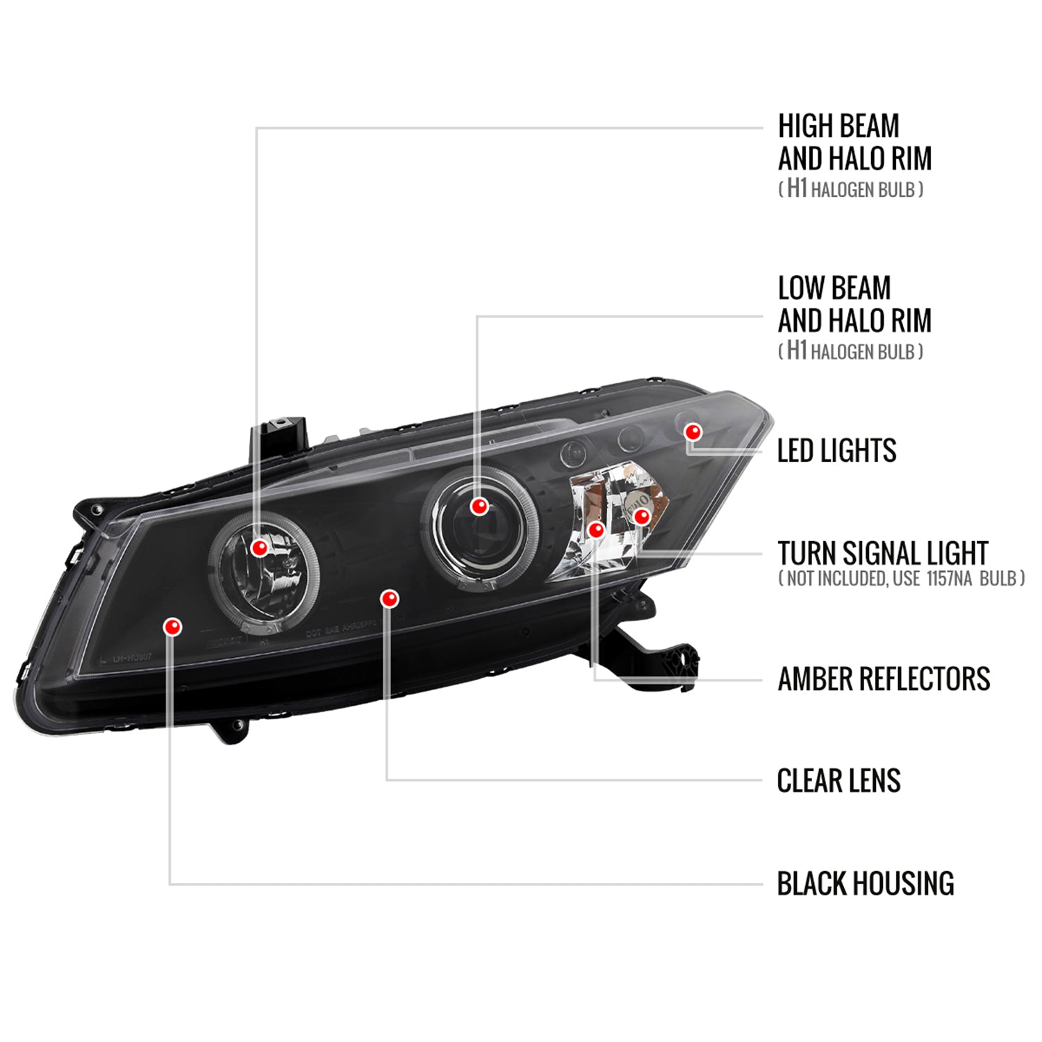 2008-2012 Honda Accord Coupe Dual Halo Projector Headlights Matte Black/Clear
