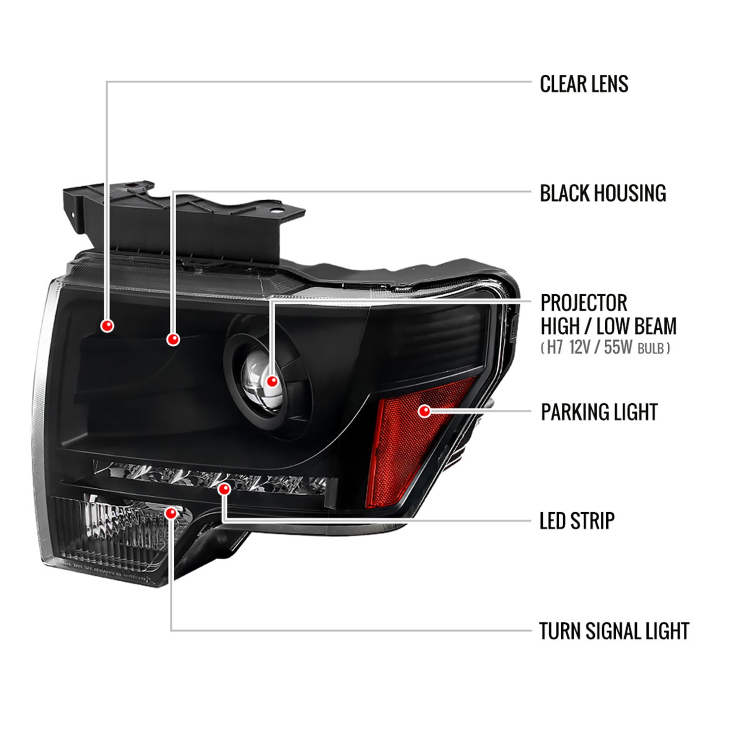 2009-2014 Ford F-150 Projector Headlights w/ LED Light Strip Matte Black/Clear