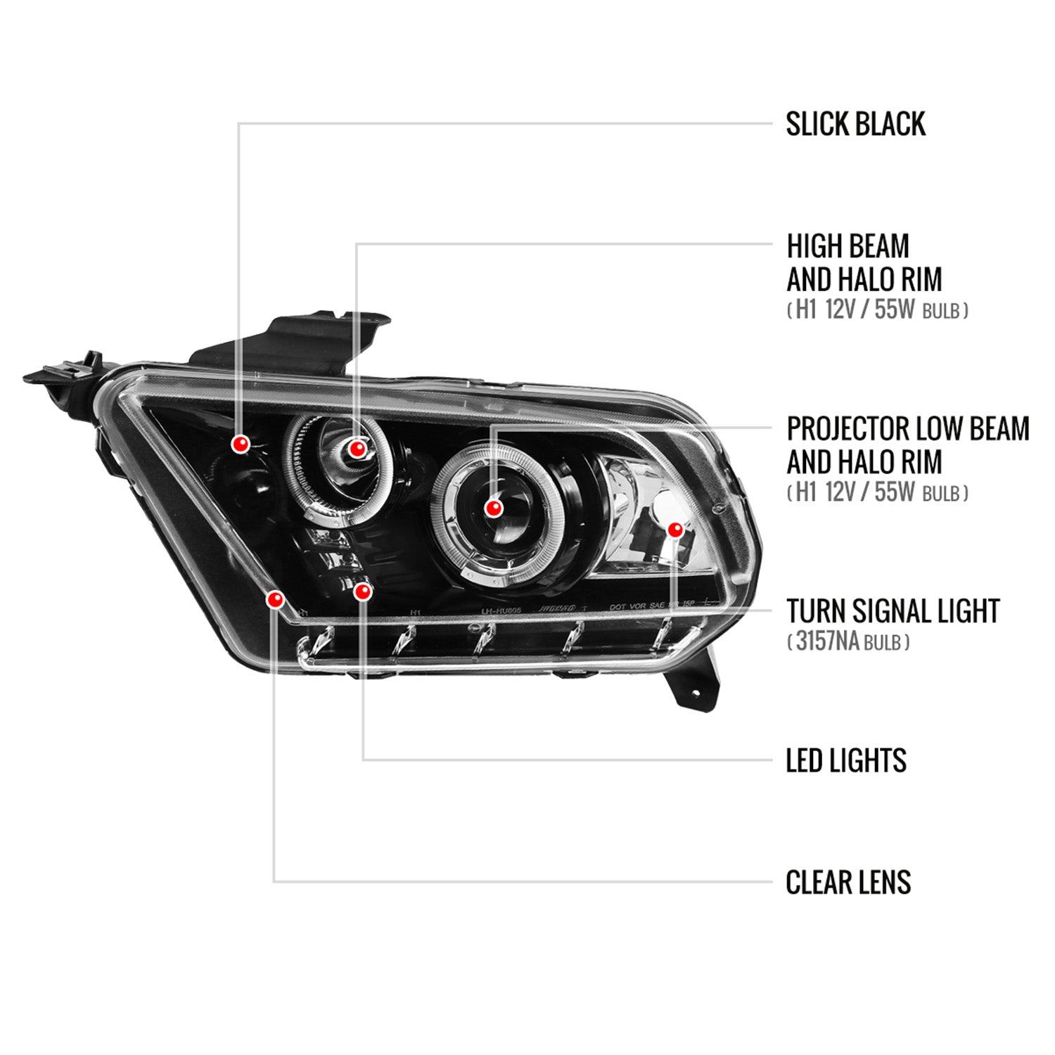 2010-2014 Ford Mustang Dual Halo Projector Headlights Jet Black/Clear Lens