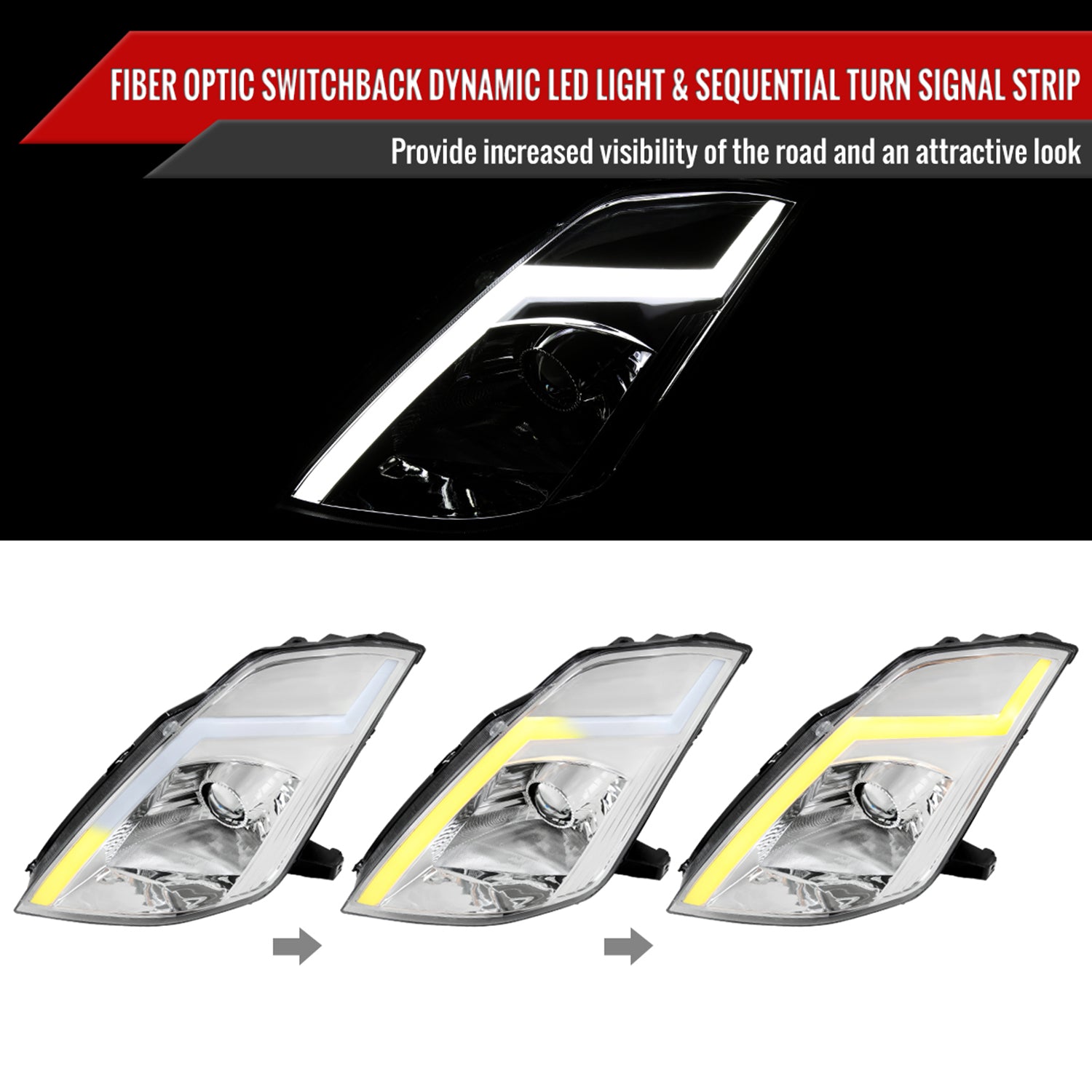 2003-2005 Nissan 350Z Signal Animated LED Bar Projector Headlights Chrome