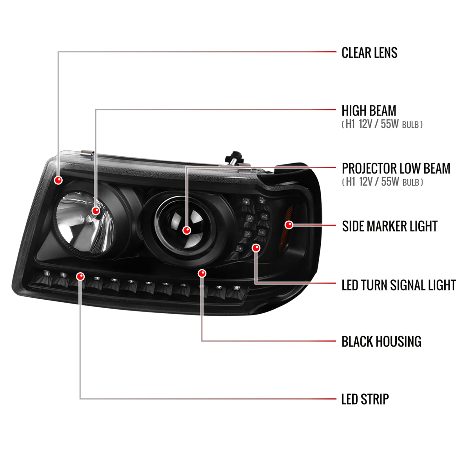 2001-2011 Ford Ranger Projector Headlights LED Light & LED Signal Matte Black