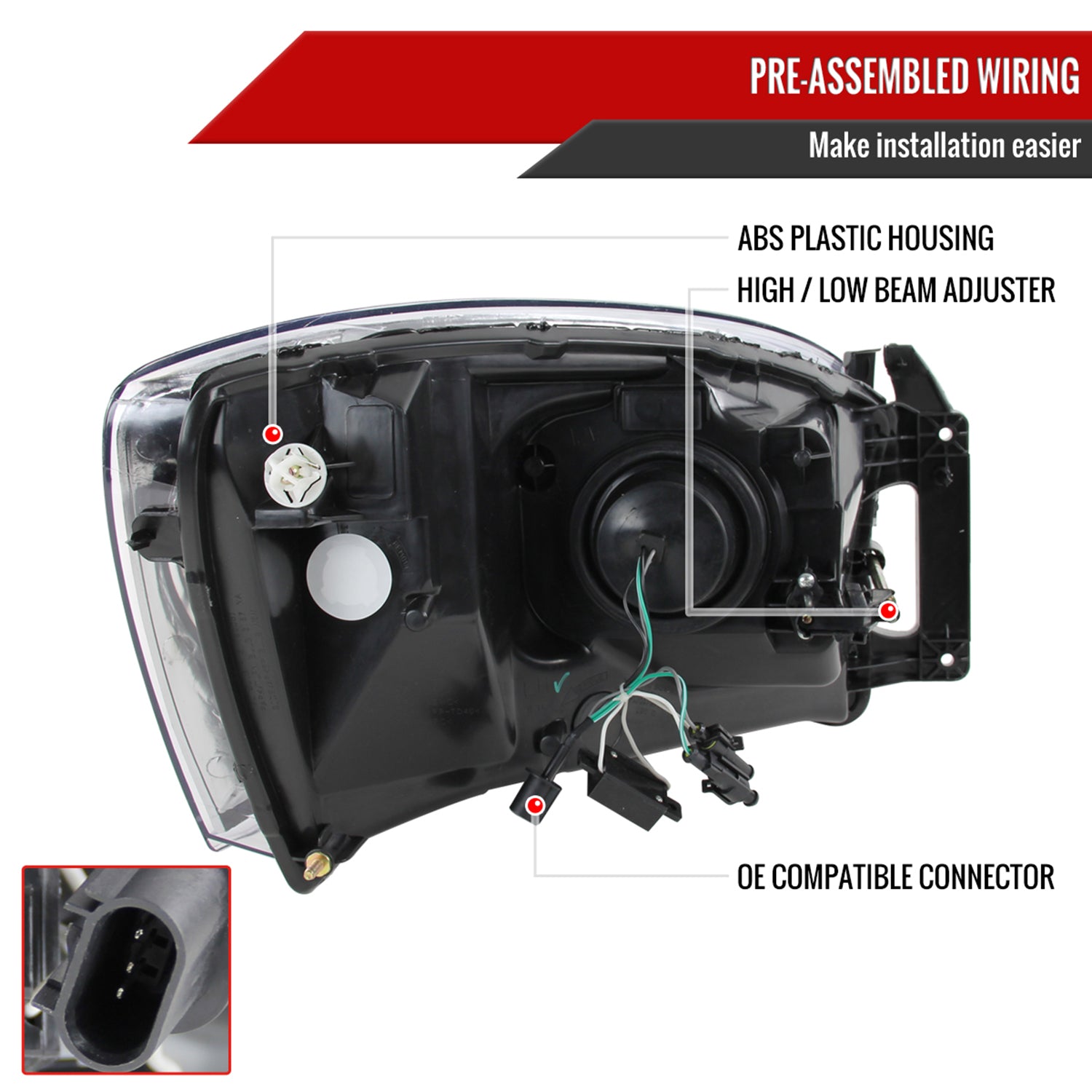 2006-2008 Dodge RAM 1500/ 06-2009 RAM 2500 3500 Retro Projector Headlights Black