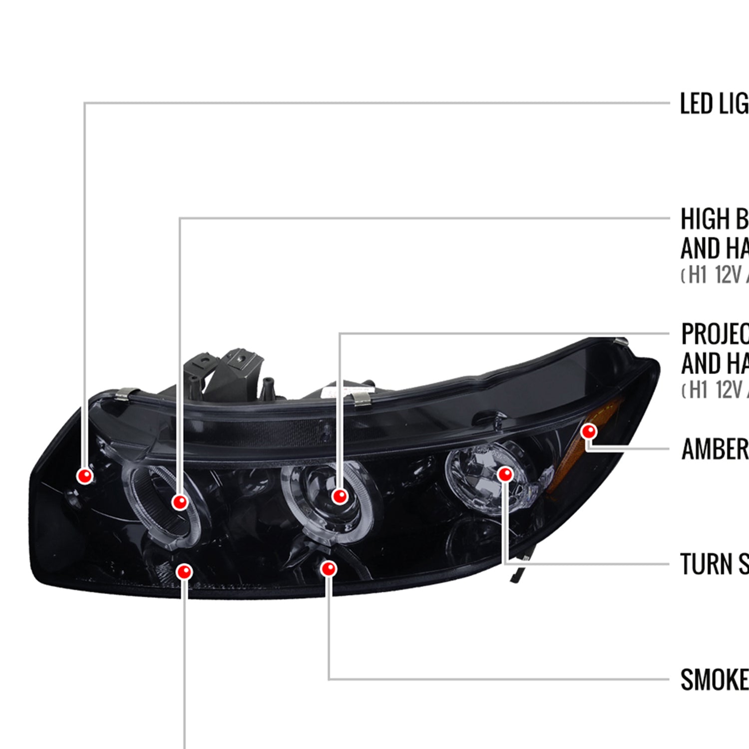 2006-2011 Honda Civic Coupe Dual Halo Projector Headlights Glossy Black/Smoke