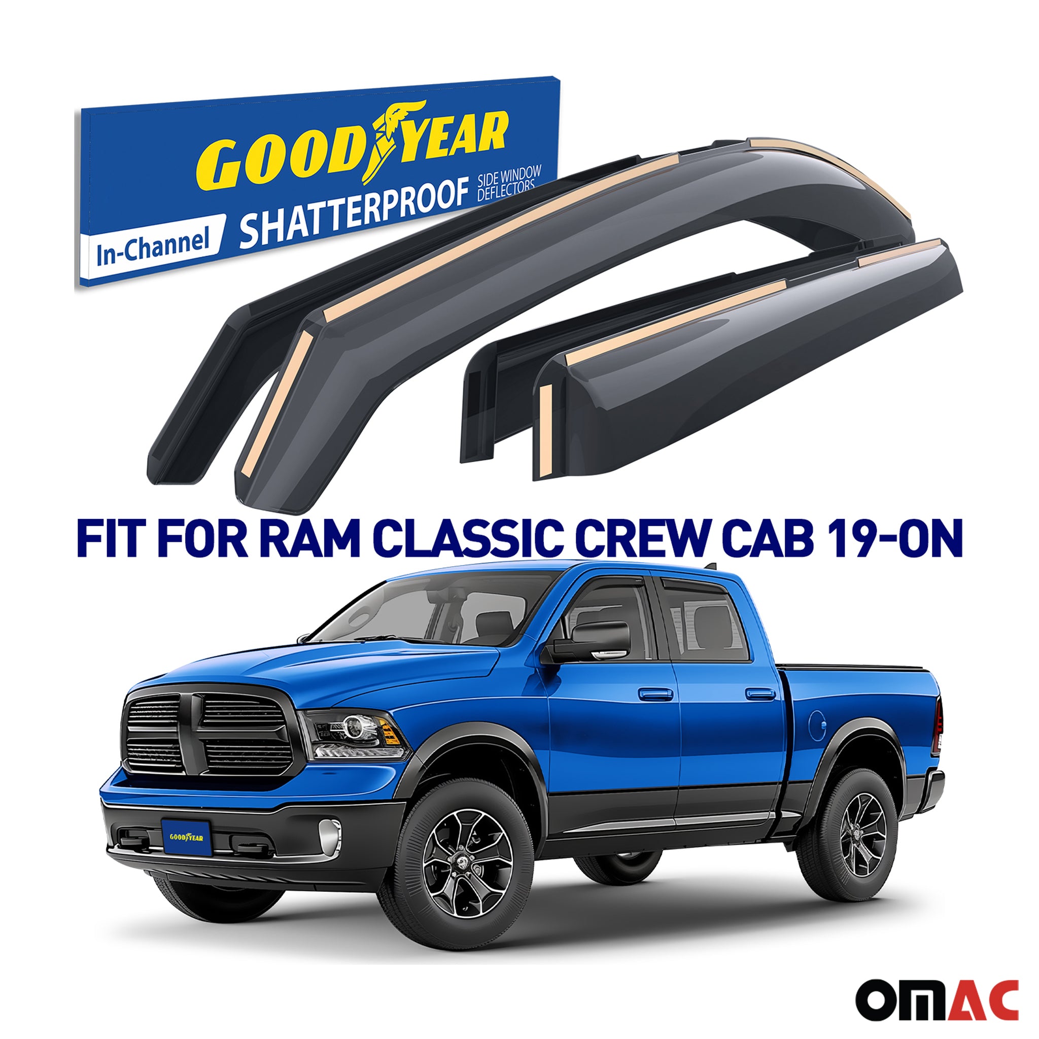 Goodyear Wind Deflectors for Dodge Ram 1500 2019-2025 Crew Cab Shatterproof 4x