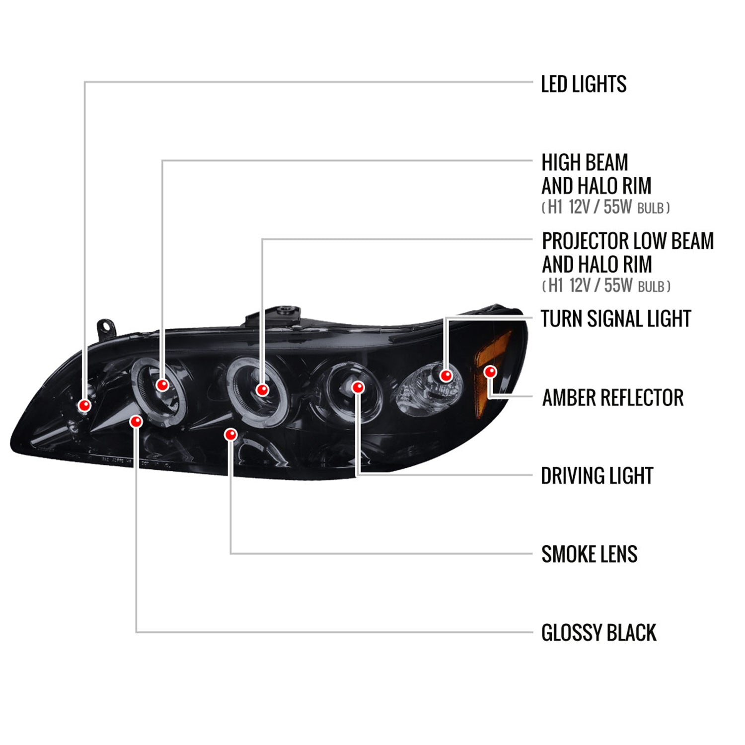 1998-2002 Honda Accord Dual Halo Projector Headlights Glossy Black/Smoke Lens