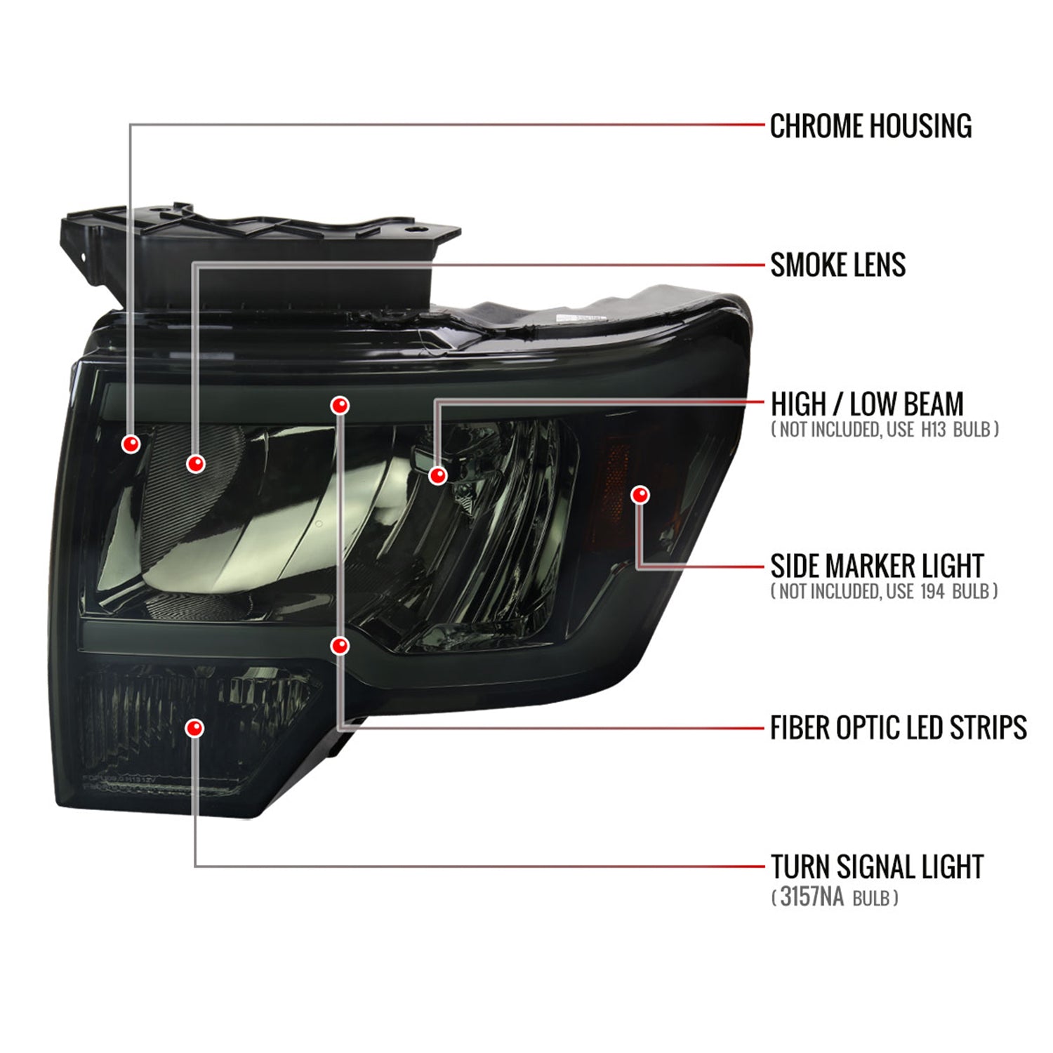 2009-2014 Ford F-150 LED Tube Factory Style Headlights Chrome/Smoke Lens