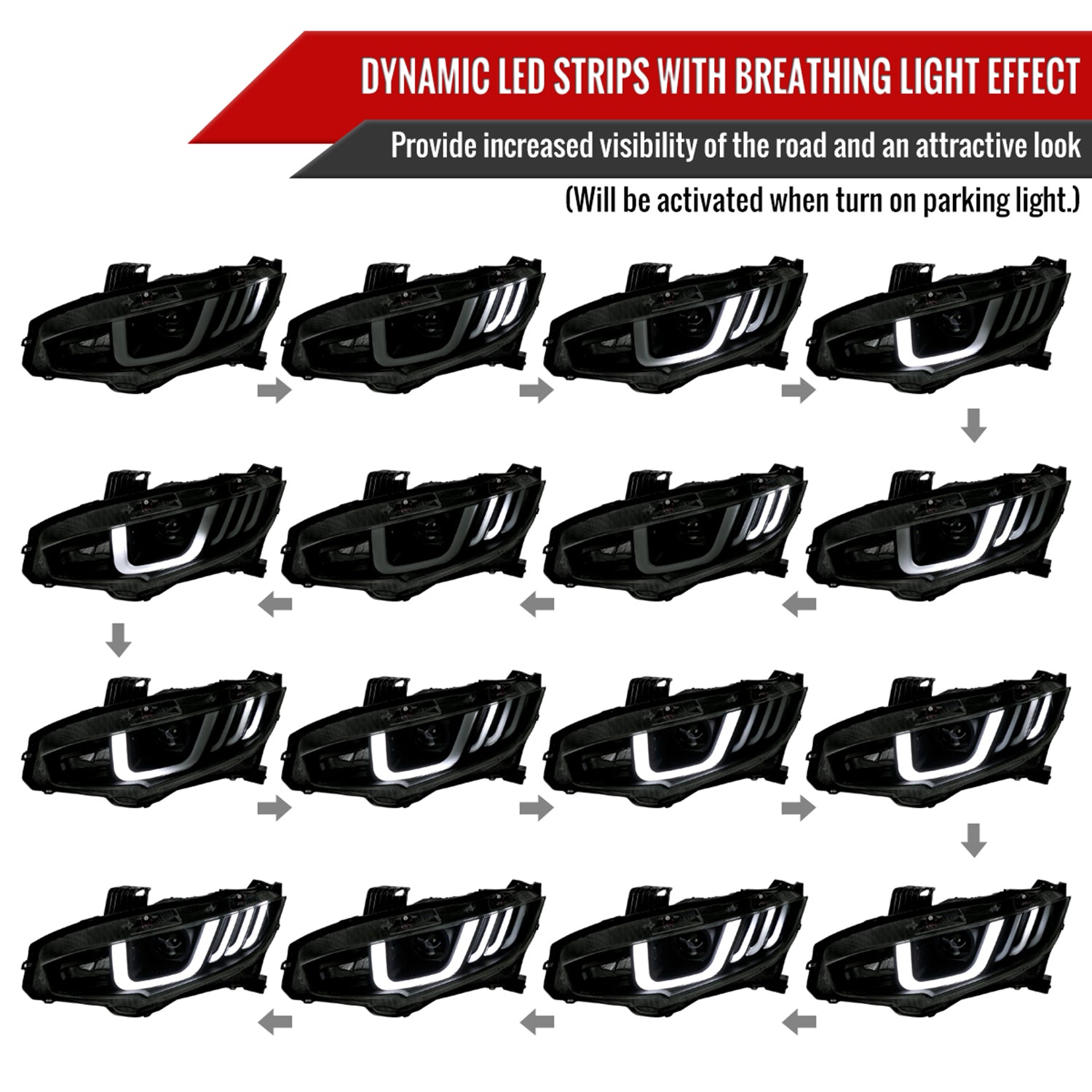 2016-2021 Honda Civic LED Headlights LED Sequential Turn Signal Matt Smoke