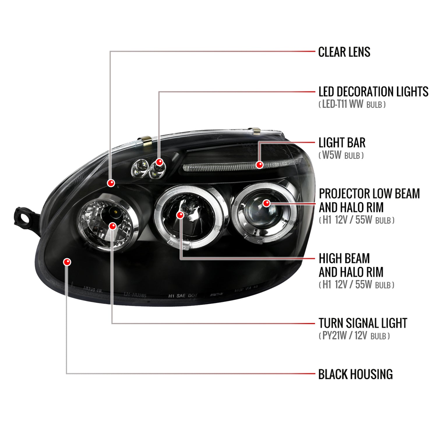 2006-2008 VW Golf Rabbit / Jetta Dual Halo Projector Headlights Matte Smoke