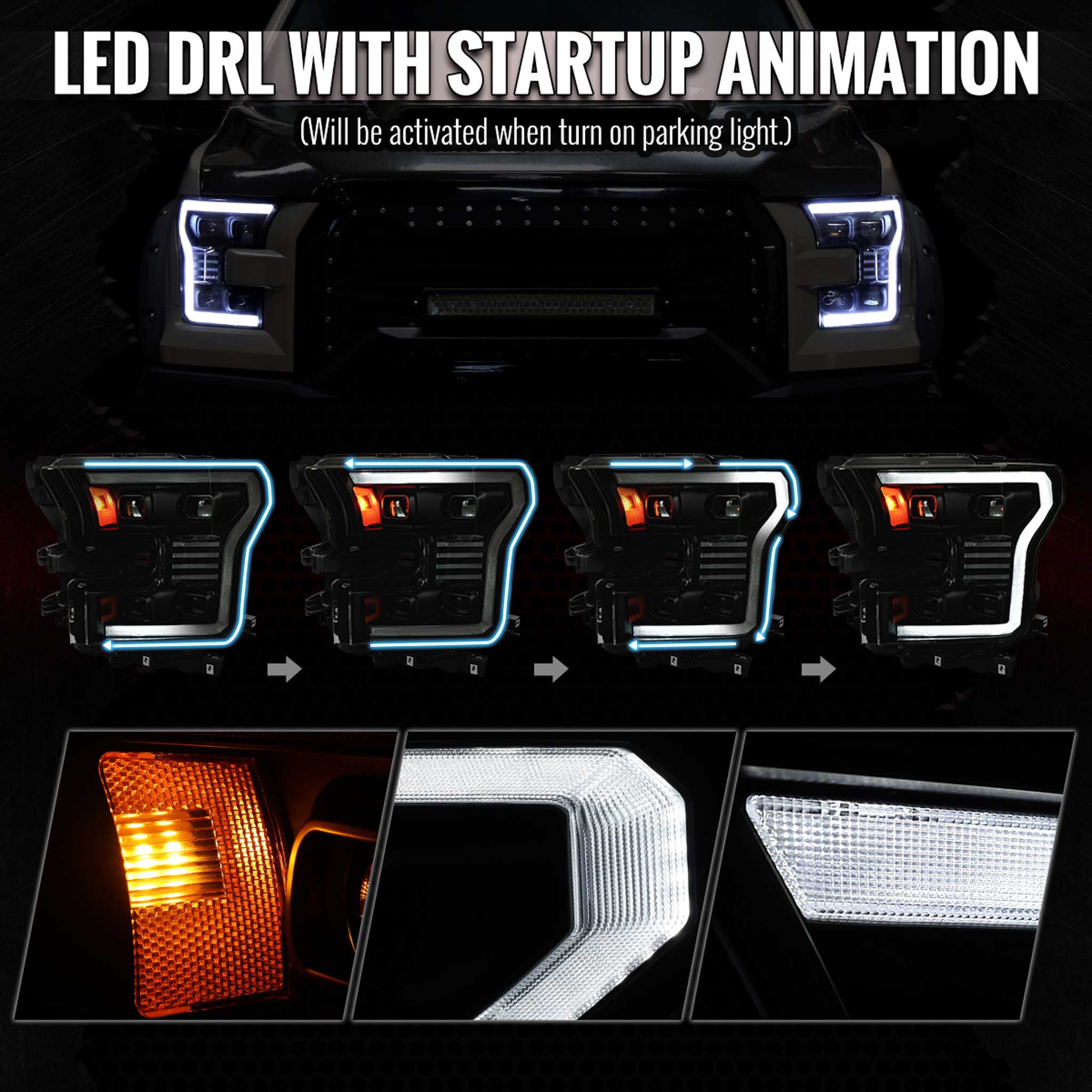 For Ford F-150 2015-2017 Headlights LED Turn Signals DRL Parking Light Strip Black Housing Smoked Lens