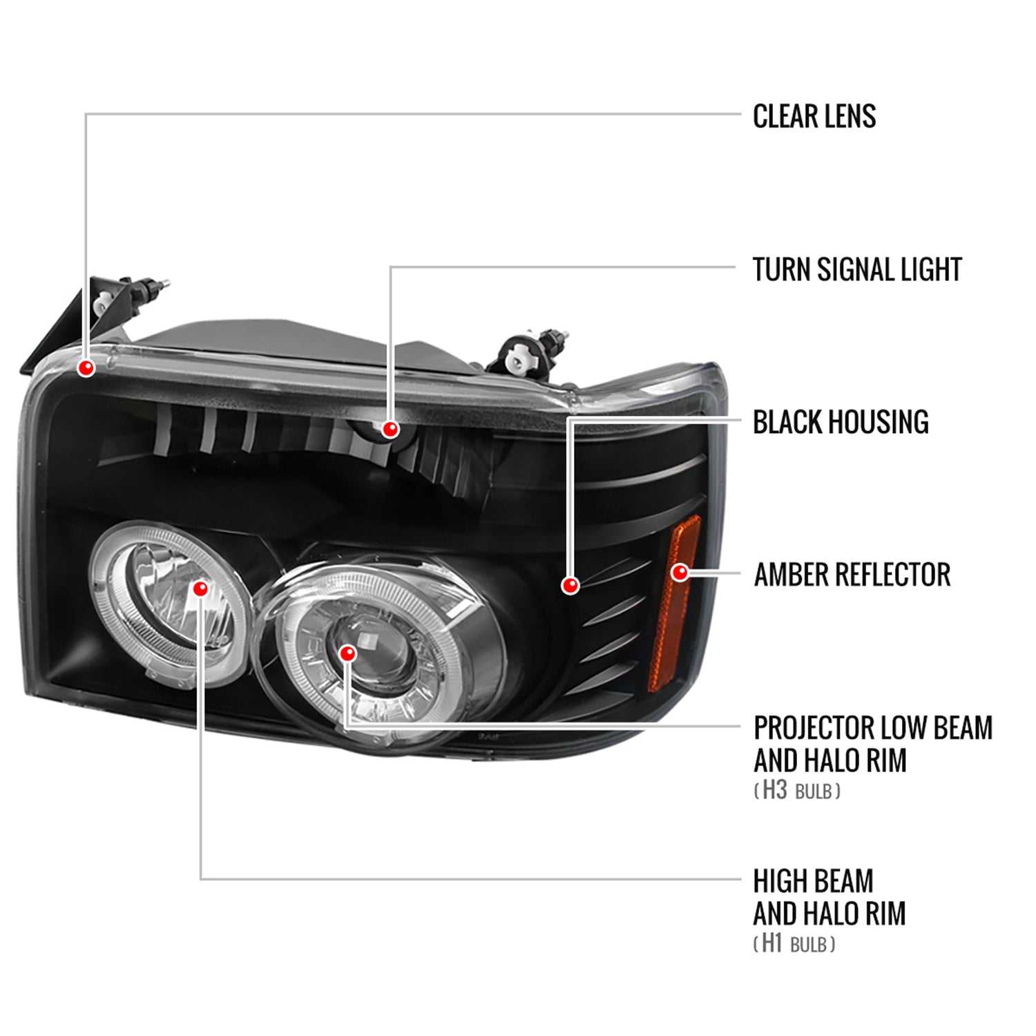 1992-1996 Ford F-150 F-250 F-350 Bronco Dual Halo Headlights - V2 Black