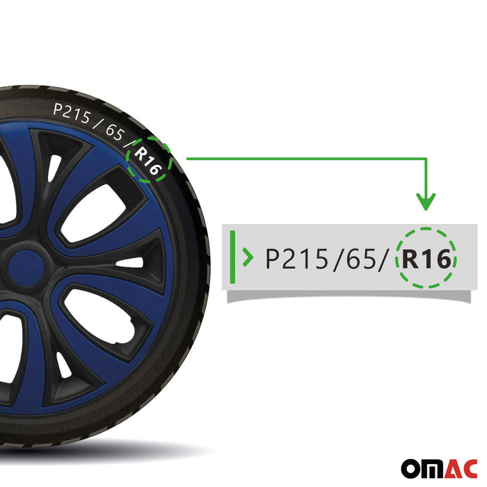 16" Set of 4Pcs Wheel Covers Matt Black with Dark Blue Hubcaps fit R16 Steel Rim