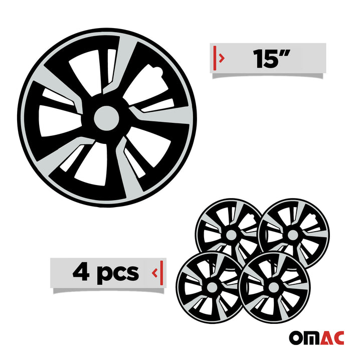 15" Hubcaps Wheel Rim Cover Matt Black with White Insert 4pcs Set