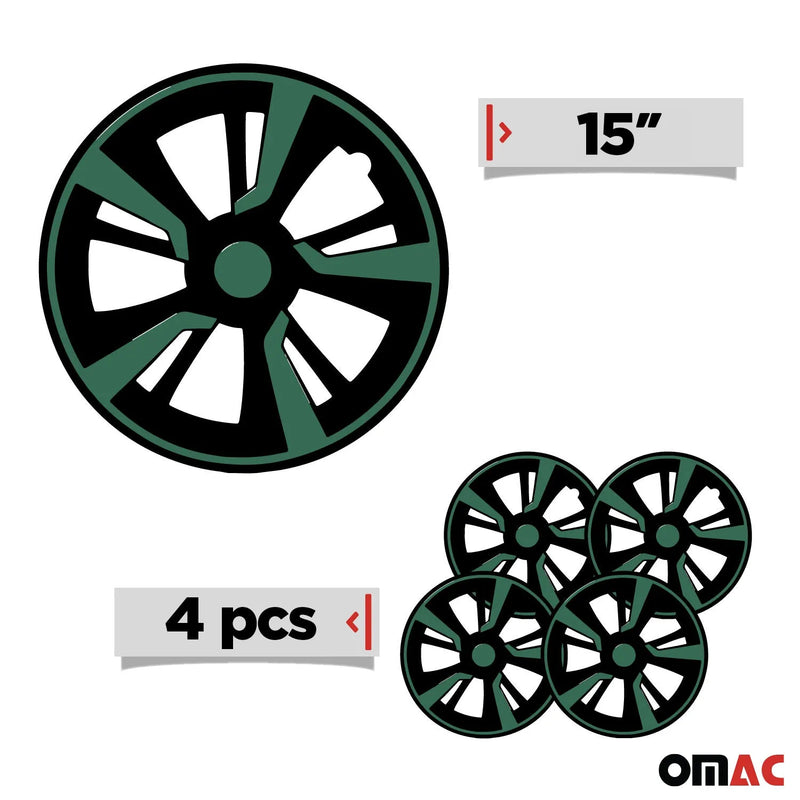 Twintone Hub Caps Wheel Cover 15" Black & Green Insert Full Set 4 pcs.