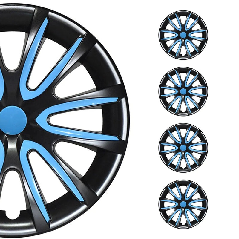 15" Inch Hubcaps Wheel Rim Cover Glossy Black with Blue Insert 4pcs Set - OMAC USA