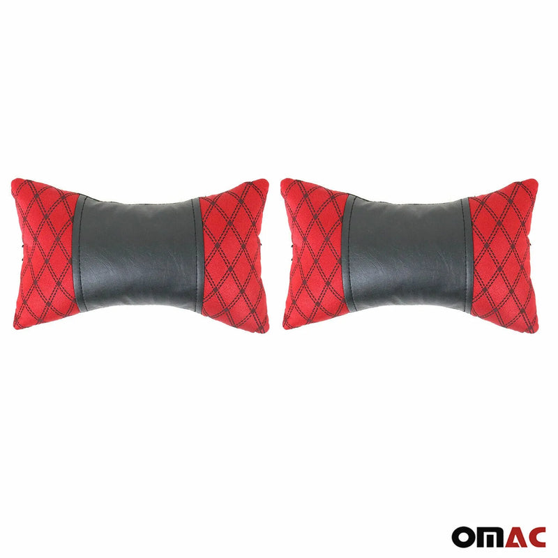 2x Car Seat Neck Pillow Head Shoulder Rest Pad Fabric and PU Leather Red Black