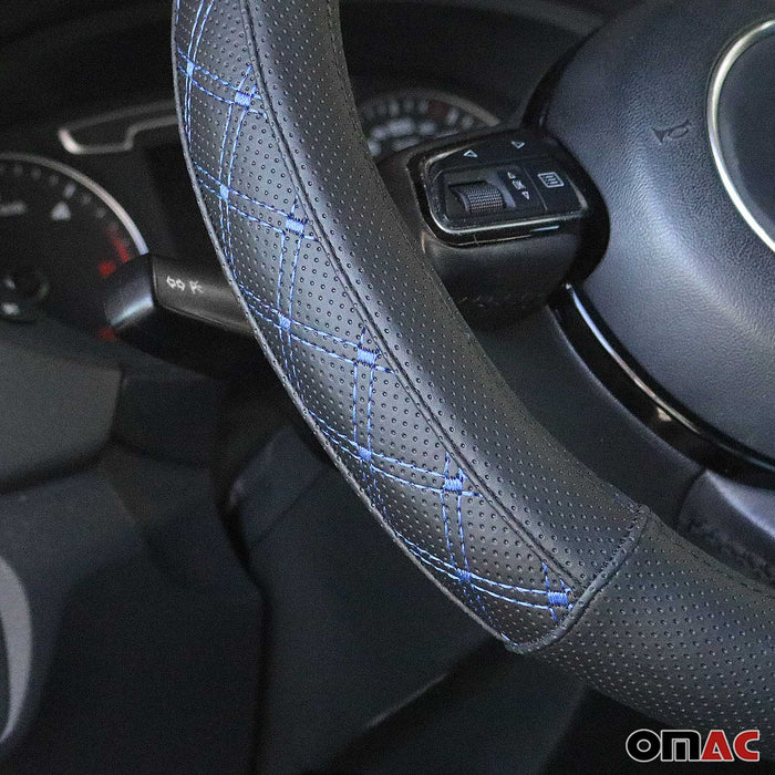 15" Steering Wheel Cover Blue Stitch Leather Anti-slip Breathable