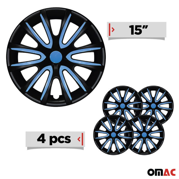 15" Set of 4 Pcs Wheel Cover Black & Blue Hub Caps fits R15 Tire Steel Riim