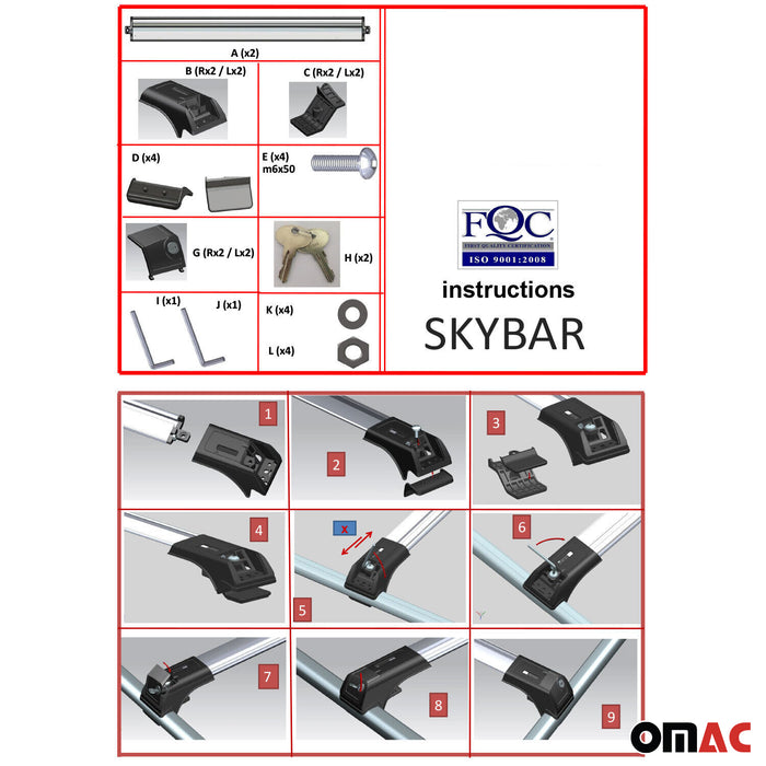 Roof Rack Cross Bars Aluminum for Kia Sorento 2011-2015 Black 2Pcs