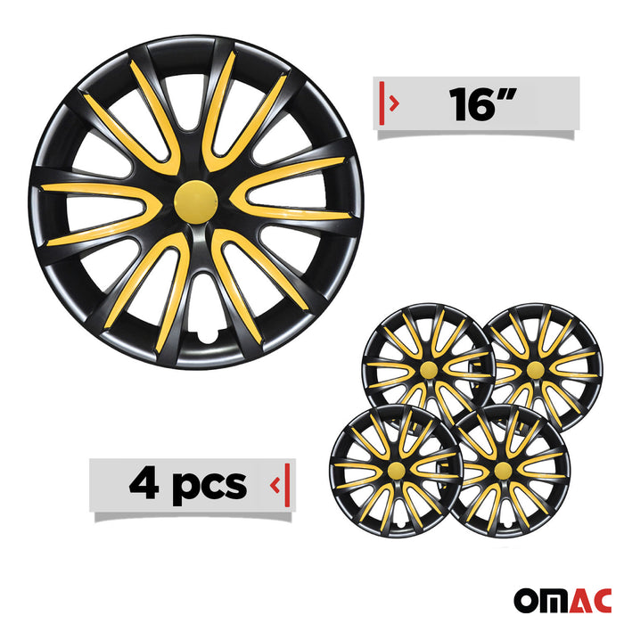 16" Set of 4 Pcs Wheel Covers Black with Yellow Hub Caps fits R15 Tire Steel Rim