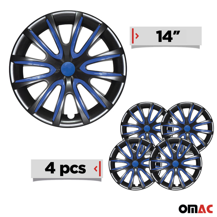 14" Inch Hubcaps Wheel Rim Cover Glossy Black with Dark Blue Insert 4pcs Set