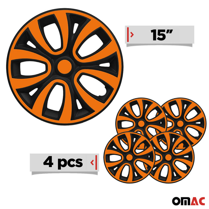 15" Set of 4x Wheel Covers Matt Black Orange Snap On Hub Caps fit R15 Steel Rim