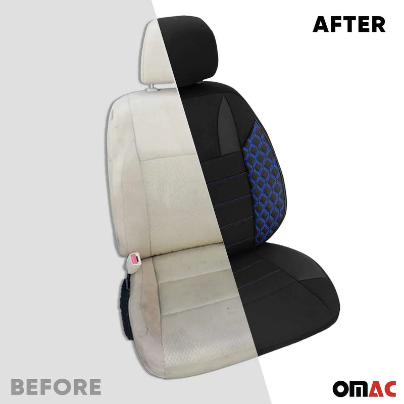 2x Front Car Seat Cover Protection Set PU Fabric Black with Blue Stitches