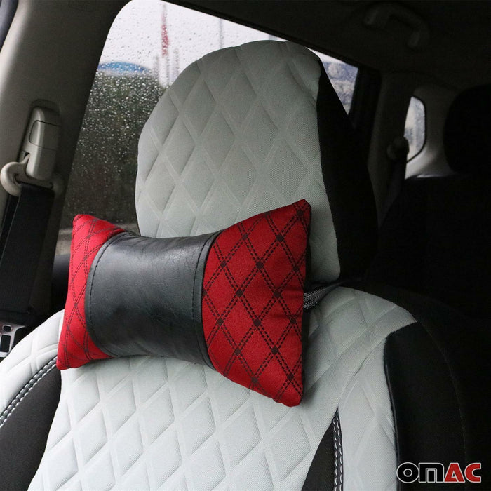 2x Car Seat Neck Pillow Head Shoulder Rest Pad Fabric and PU Leather Red Black