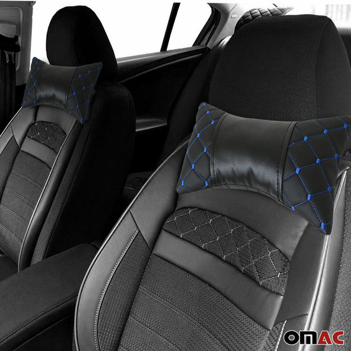 2x Car Seat Neck Pillow Head Shoulder Rest Pad Black with Blue PU Leather