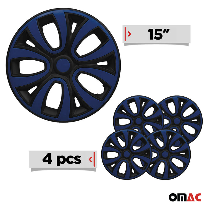 15" Hubcaps Wheel Rim Cover Glossy Black with Dark Blue Insert 4pcs Set