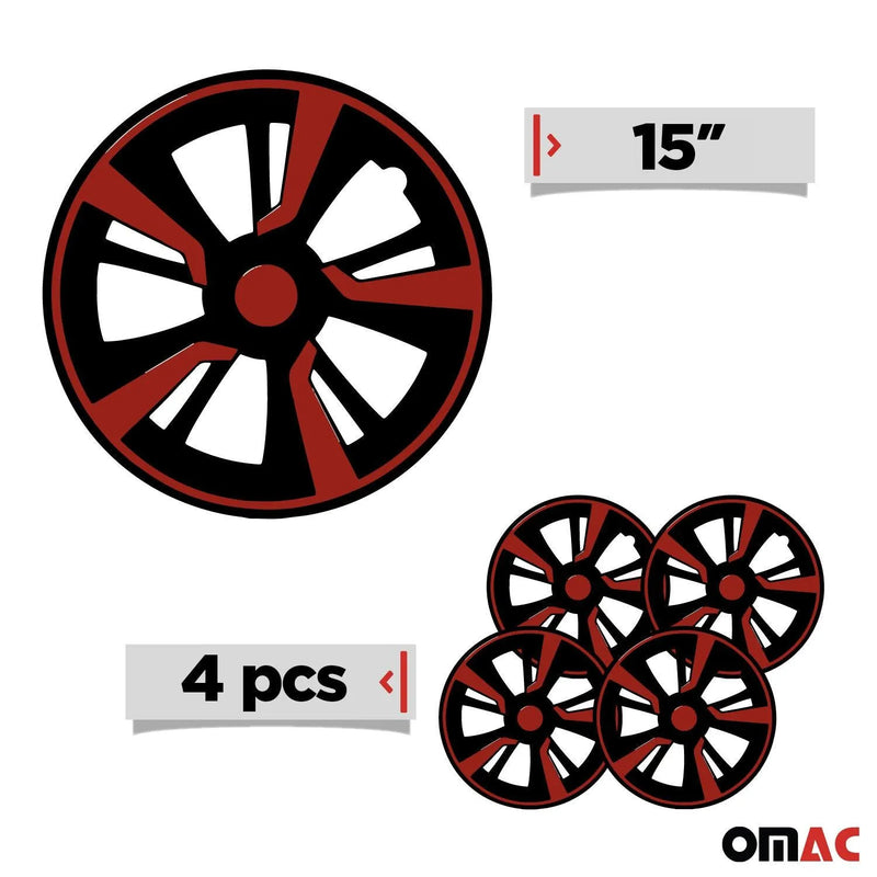 Twintone Hub Caps Wheel Cover 15" Black Matt & Red Insert Full Set 4 pcs.