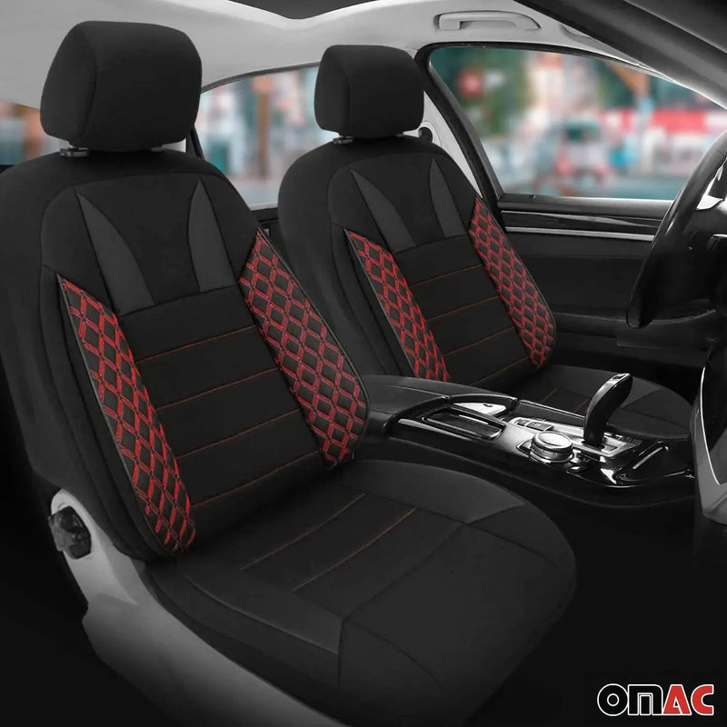 2x Front Car Seat Cover Protection Set PU Fabric Black with Red Stitches