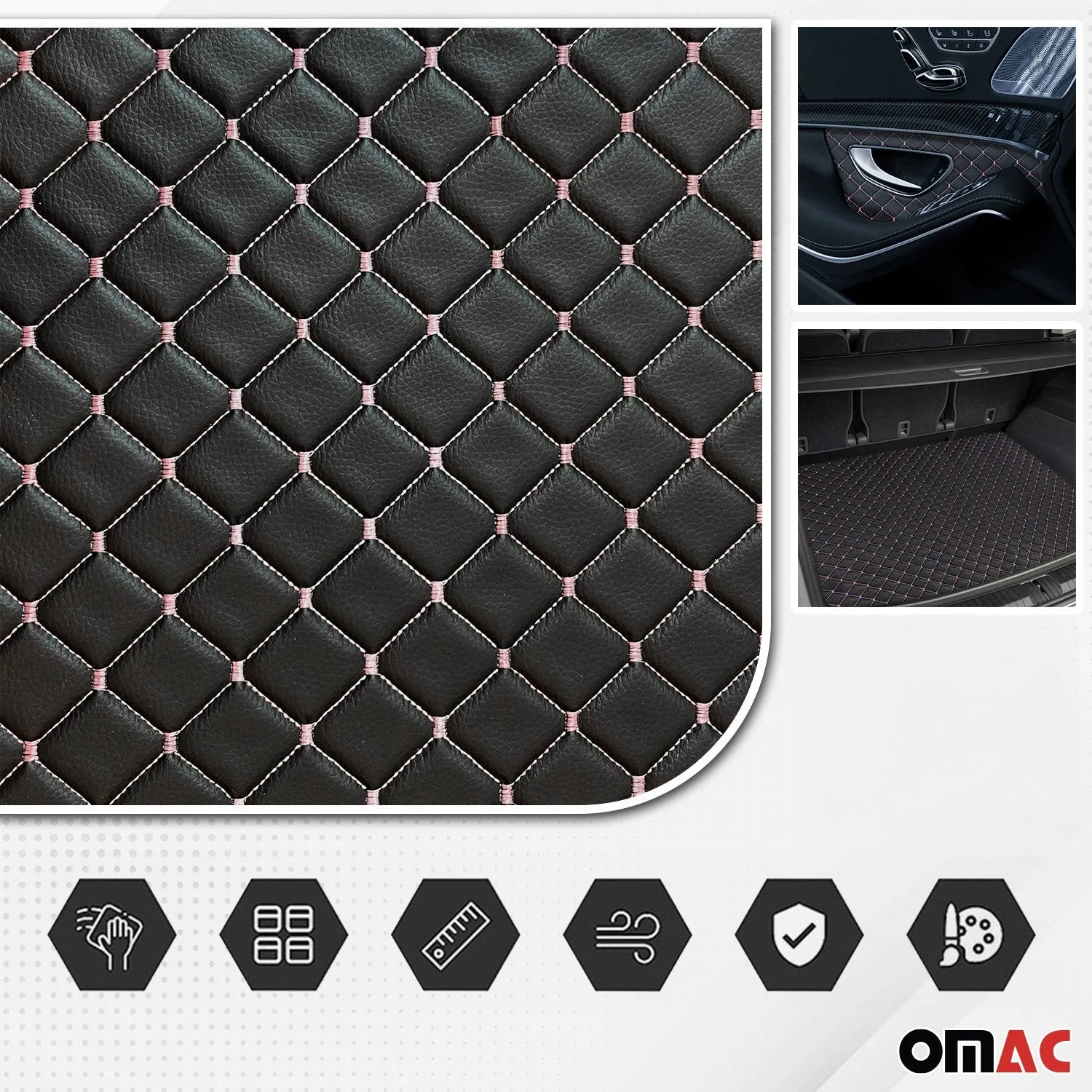 Embossed Black Faux Leather Lining Pink Stitch Car Upholstery 1 Yard x 1.5 Yards