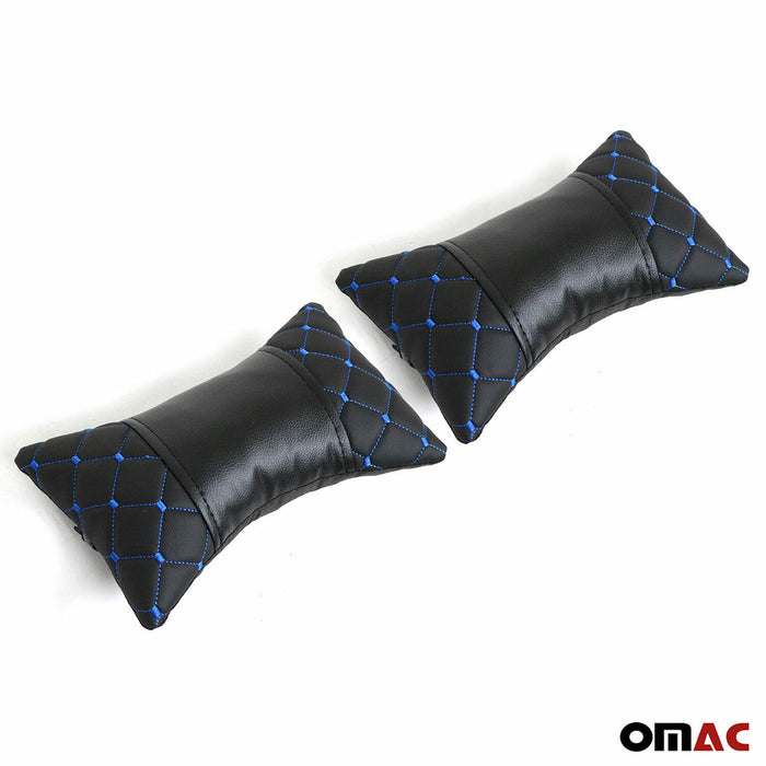 2x Car Seat Neck Pillow Head Shoulder Rest Pad Black with Blue PU Leather