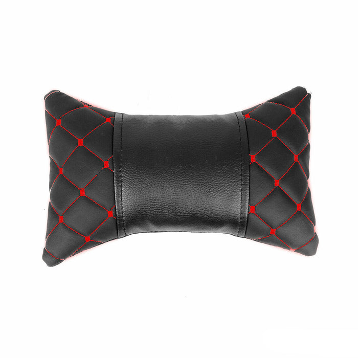 1x Car Seat Neck Pillow Head Shoulder Rest Pad PU Leather Black and Red Stitches