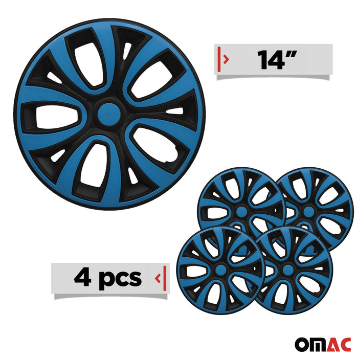 14" Hubcaps Wheel Rim Cover Glossy Black with Blue Insert 4pcs Set