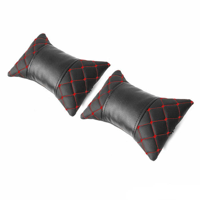 2x Car Seat Neck Pillow Head Shoulder Rest Pad Black with Red PU Leather