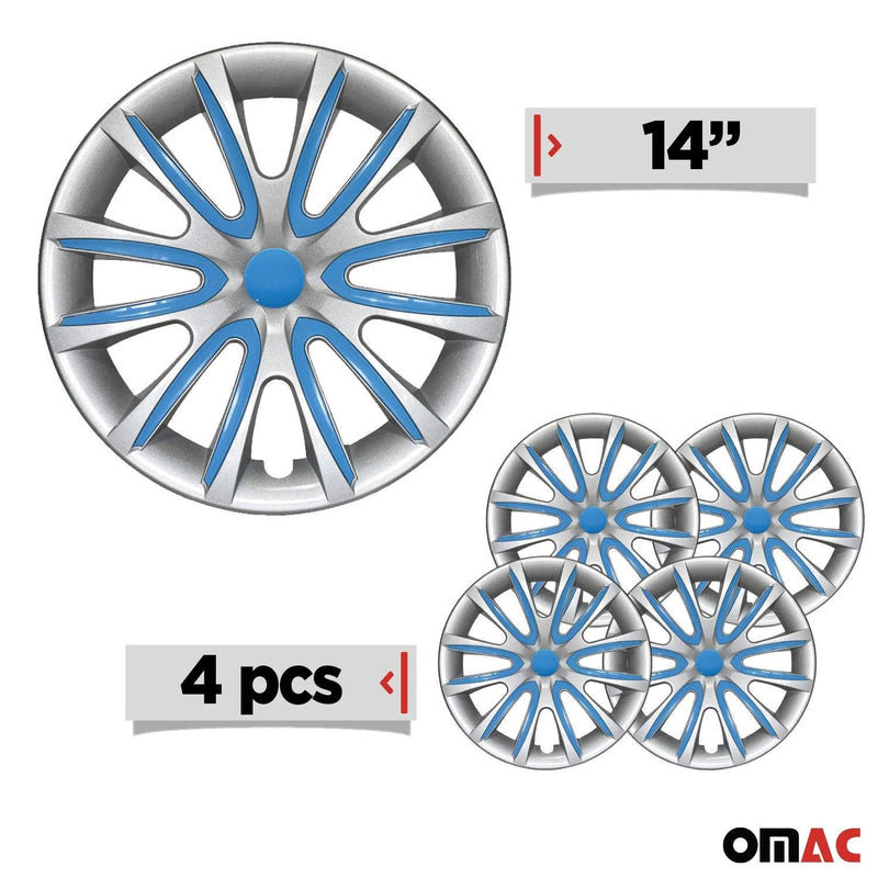 14" Inch Hubcaps Wheel Rim Cover Gray with Blue Insert 4pcs Set - OMAC USA