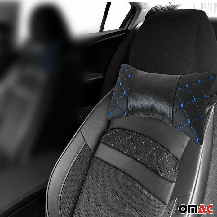 1x Car Seat Neck Pillow Head Shoulder Rest Pad PU Leather Black Blue Stitches