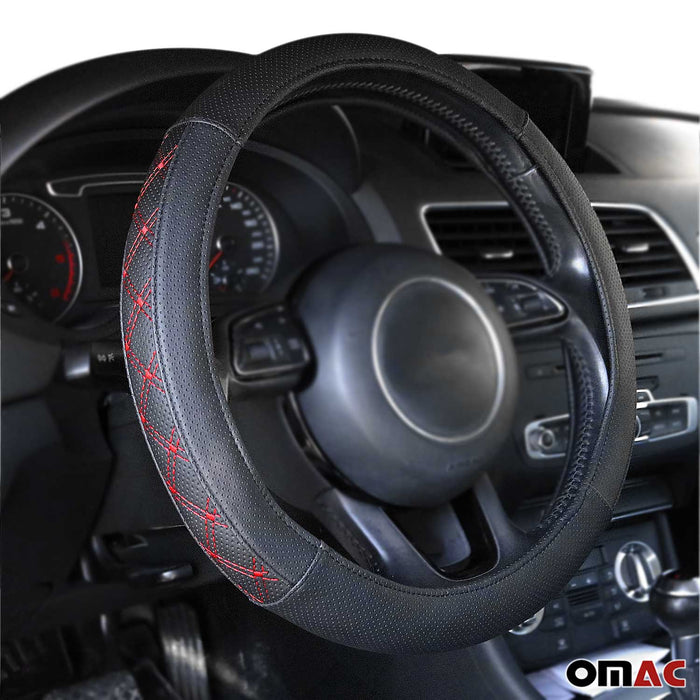 15" Steering Wheel Cover Red Stitches Leather Anti-slip Breathable Accessories