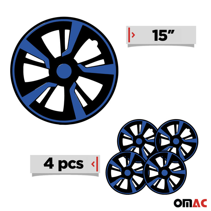15" Set of 4Pcs Wheel Covers Black with Dark Blue Hubcaps fit R15 Tire Steel Rim