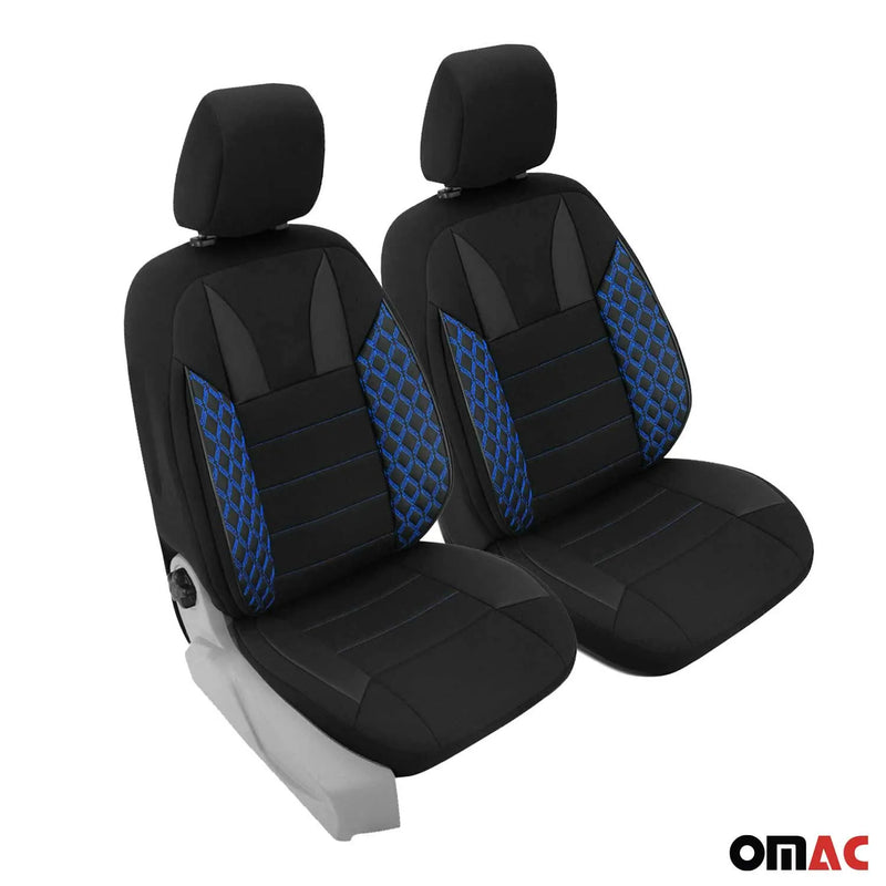 2x Front Car Seat Cover Protection Set PU Fabric Black with Blue Stitches